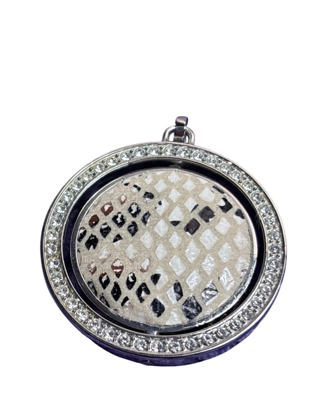 Reversible Spinner Pendant Reptile Print Black Silvertone Clear Rhinestones 2 in